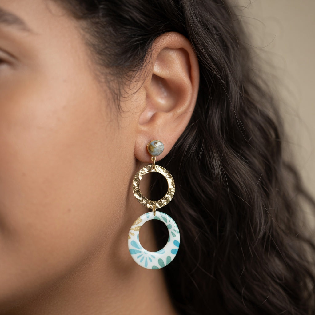 Boucles d'oreilles doubles anneaux Nāca papier indien Bleu & Vert