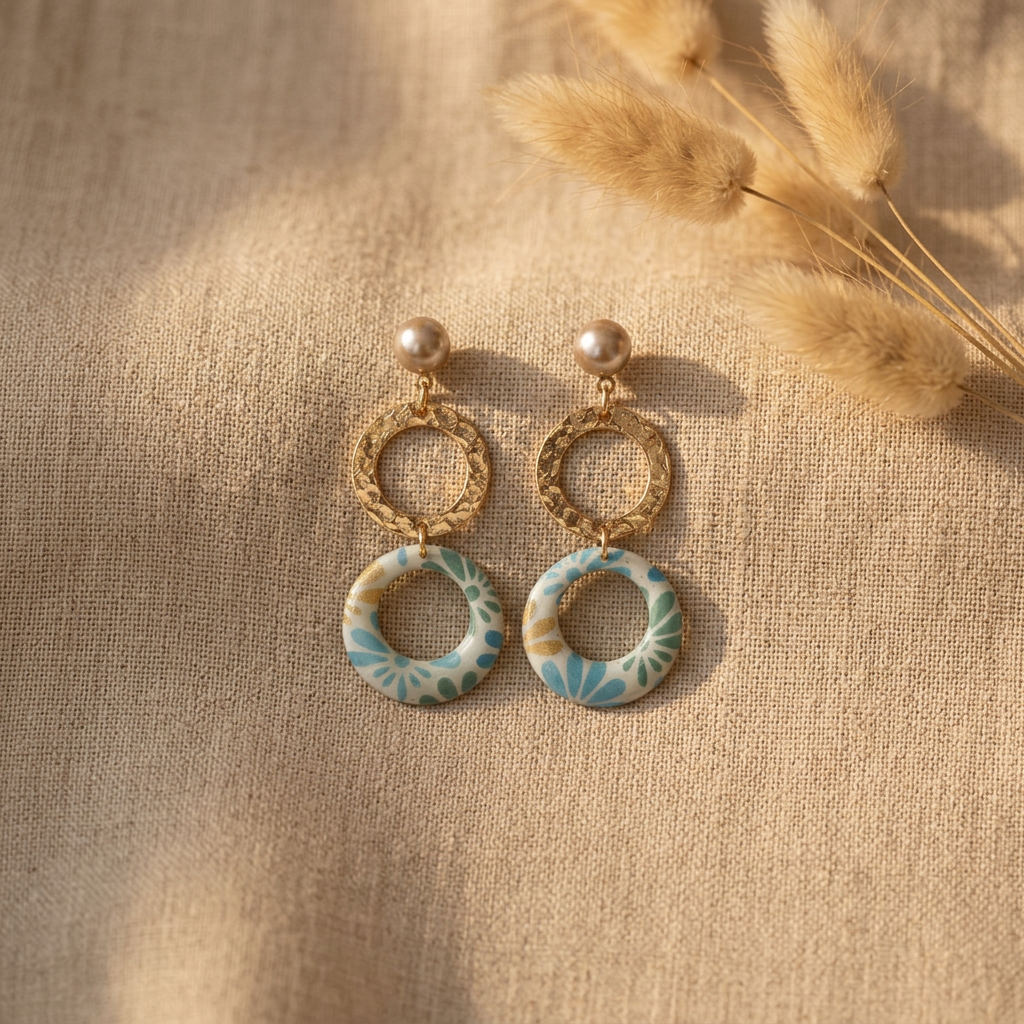 Boucles d'oreilles doubles anneaux Nāca papier indien Bleu & Vert