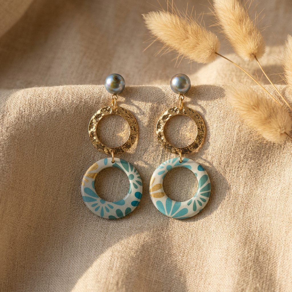 Boucles d'oreilles doubles anneaux Nāca papier indien Bleu & Vert