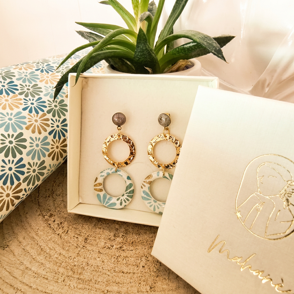 Boucles d'oreilles doubles anneaux Nāca papier indien Bleu & Vert
