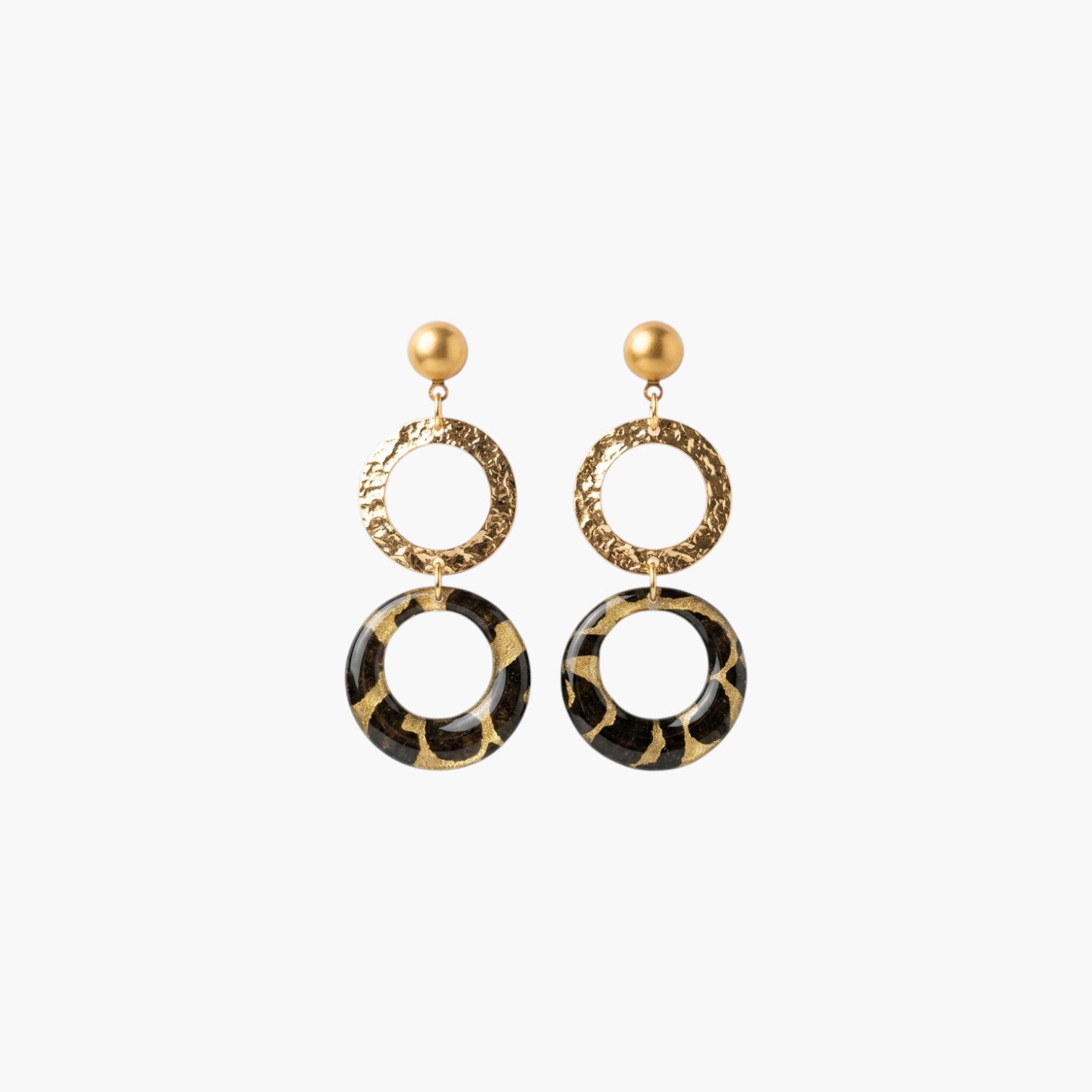 Boucles d'oreilles doubles cercles Nāca — papier lokta vert kaki doré