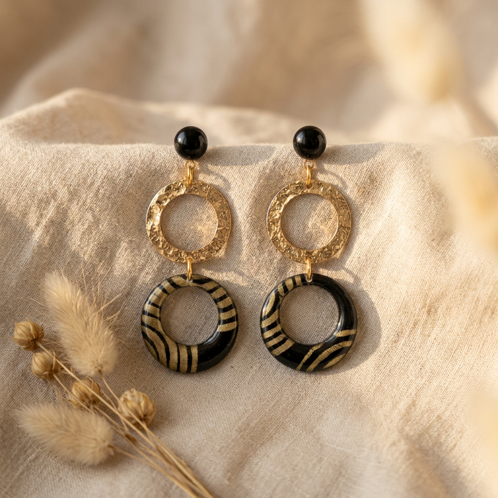 Boucles d'oreilles doubles cercles Nāca papier lokta noir et doré spirales posées sur fond lin, bijou artisanal fait main