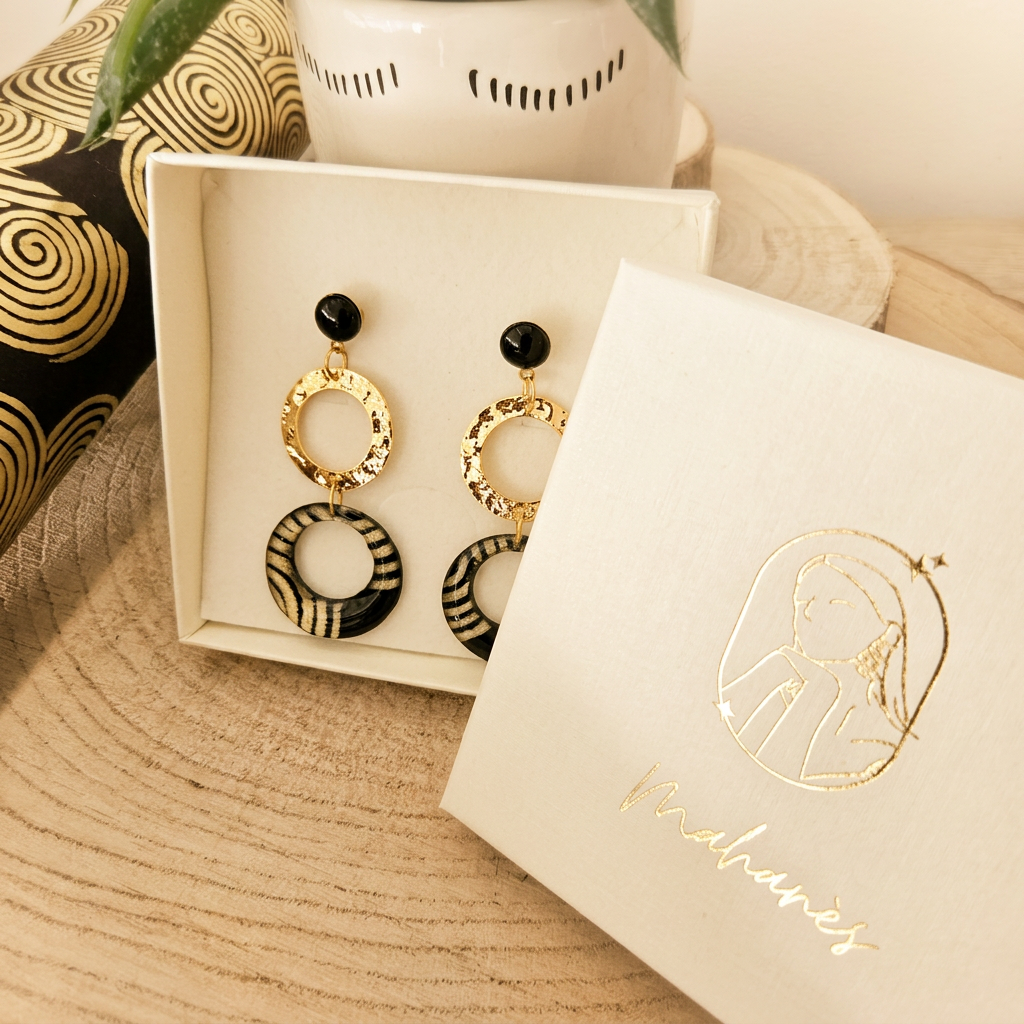 Packaging boucles d'oreilles Nāca fait main, pochette collection papier lokta noir et doré