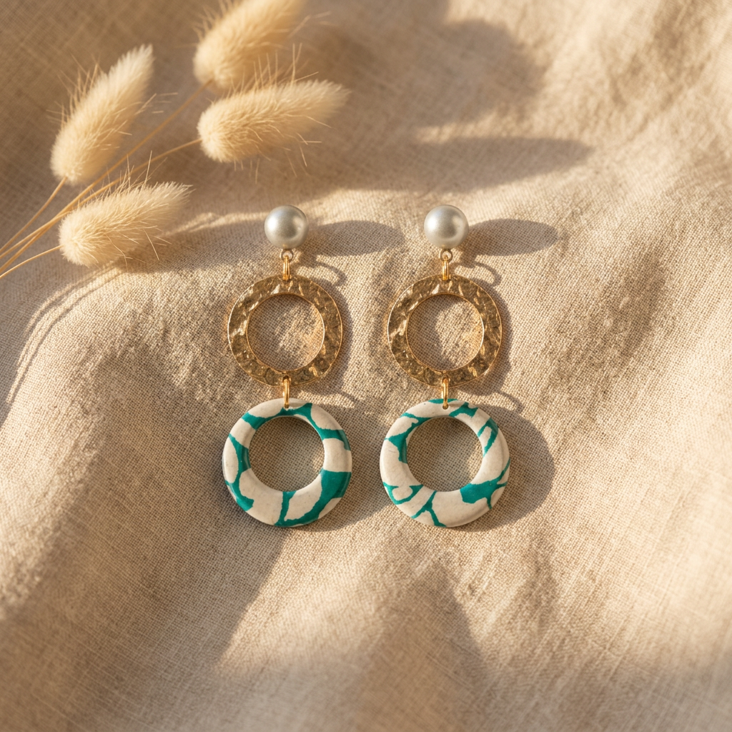 Boucles d'oreilles doubles cercles Nāca papier lokta vert et blanc