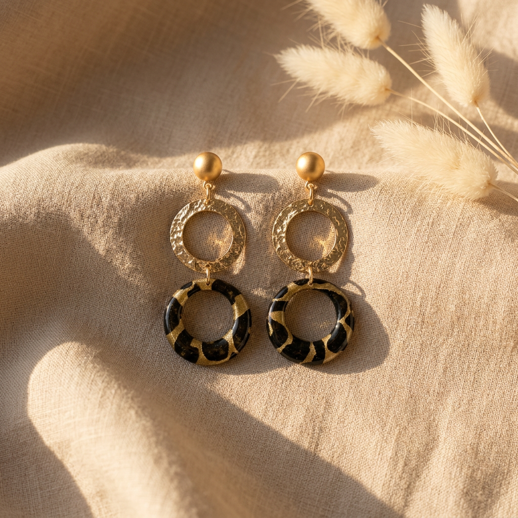 Boucles d'oreilles doubles cercles Nāca papier lokta vert kaki doré