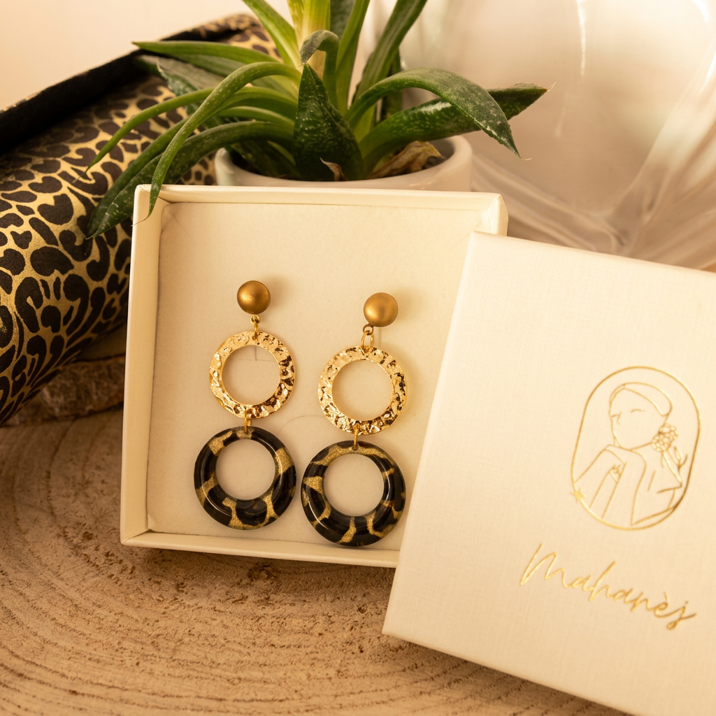 Boucles d'oreilles doubles cercles Nāca — papier lokta vert kaki doré