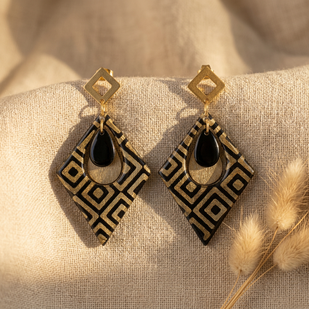 boucles d'oreilles losange fait main Trikōṇa noir doré papier indien 