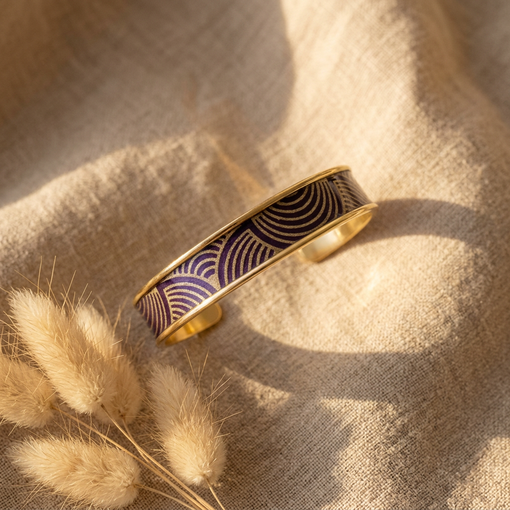 Mahanès Cuff | Black & Gold Nepali Paper | Graphic Patterns | Resinated Gold Brass
