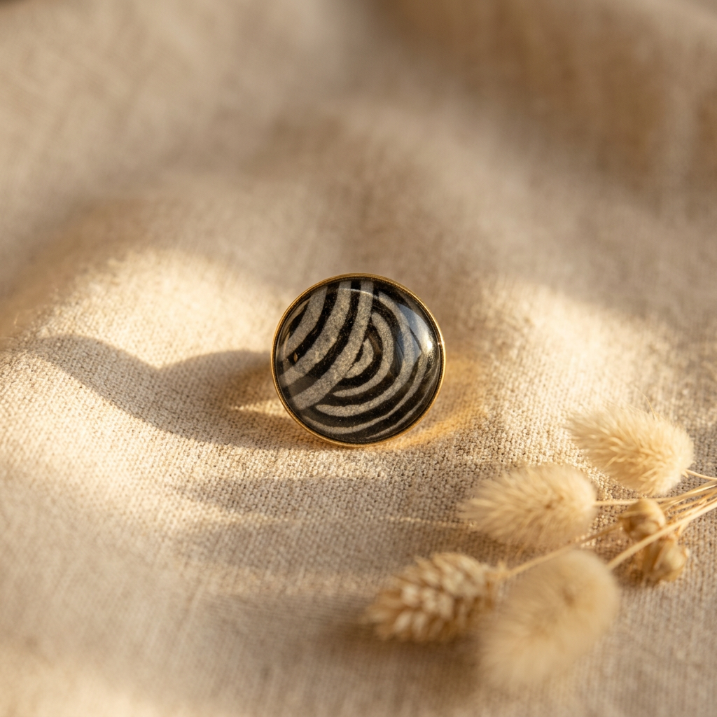 Cabochon Glass Ring | Black & Grey Nepalese Paper | Gold Plated Brass