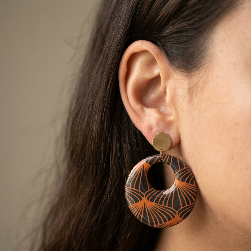 Créoles  en papier indien bleu nuit & orange - Kriyōla