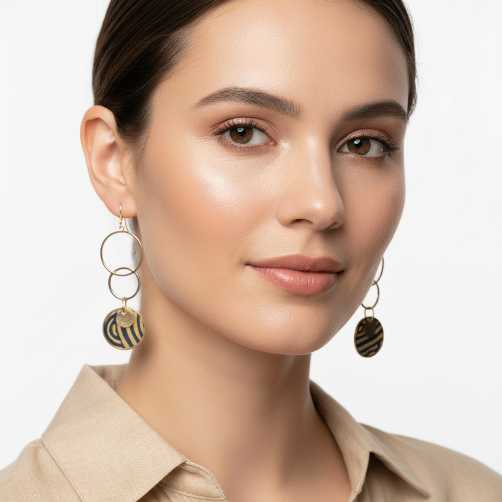 Boucles d'oreilles Saṅgha papier Lokta résiné bleu et caramel