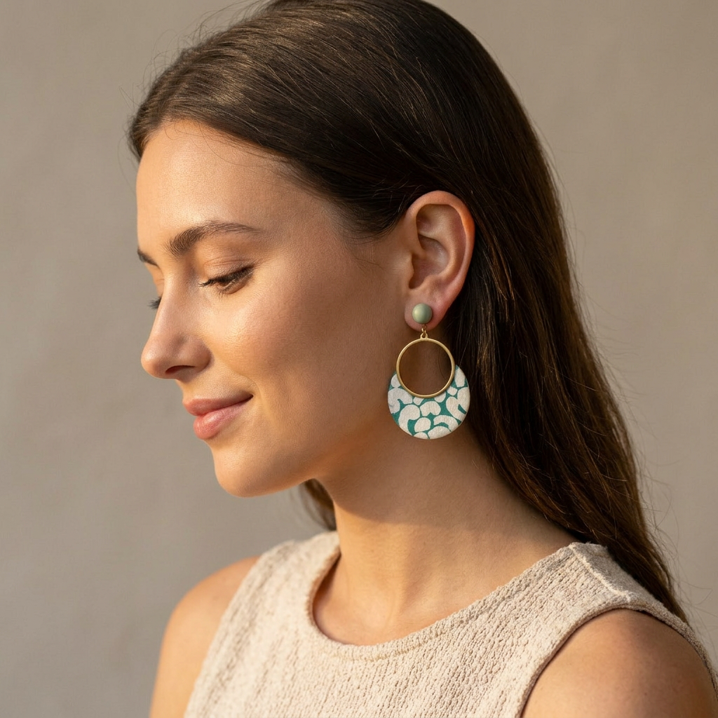 Boucles créoles dorées fait main Sūrya — papier népalais vert céladon et blanc, perles nacrées vert d'eau, anneau acier doré 25mm