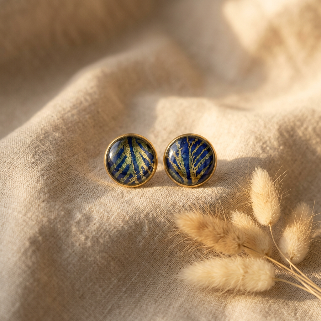 boucles d'oreilles puces fait main Māmūlī lokta bleu profond feuilles dorées cabochon verre 14mm