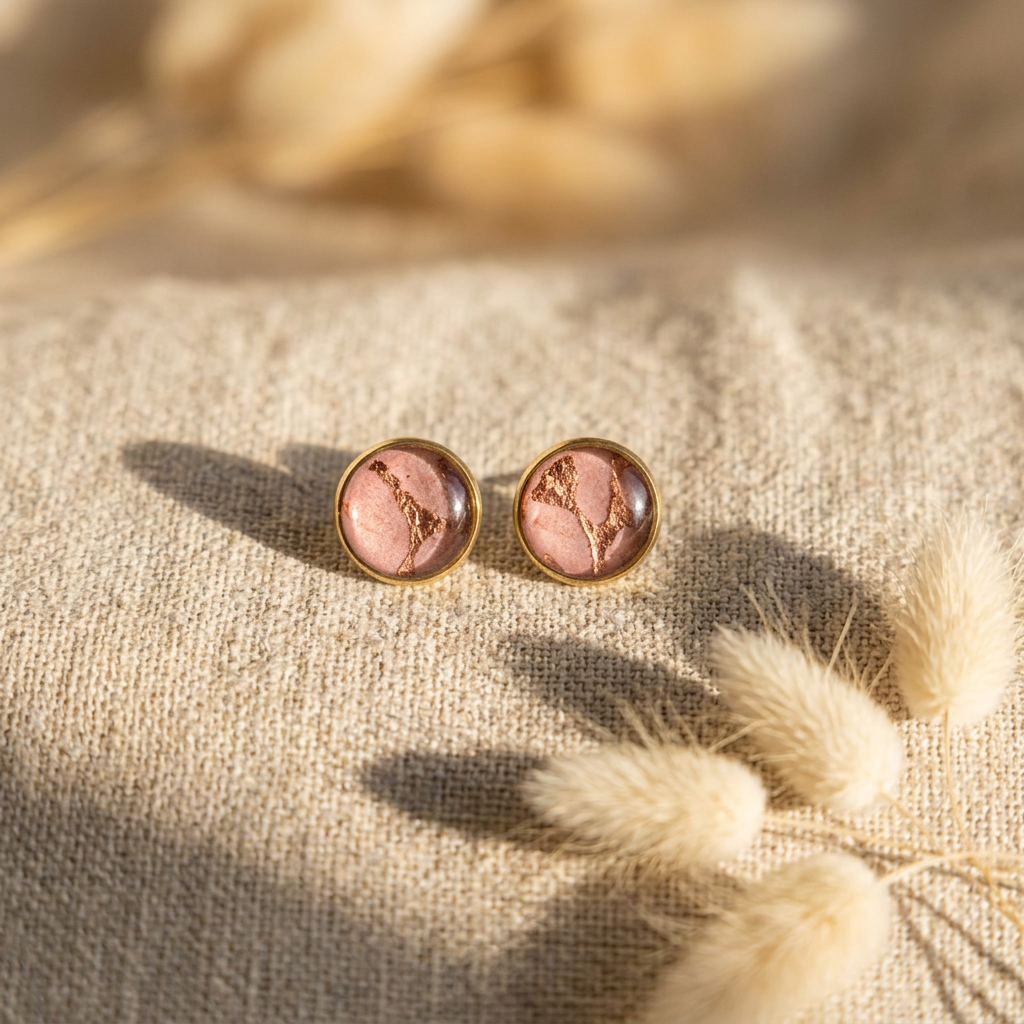 boucles d'oreilles puces fait main Māmūlī lokta rose poudré cuivre cabochon verre 14mm
