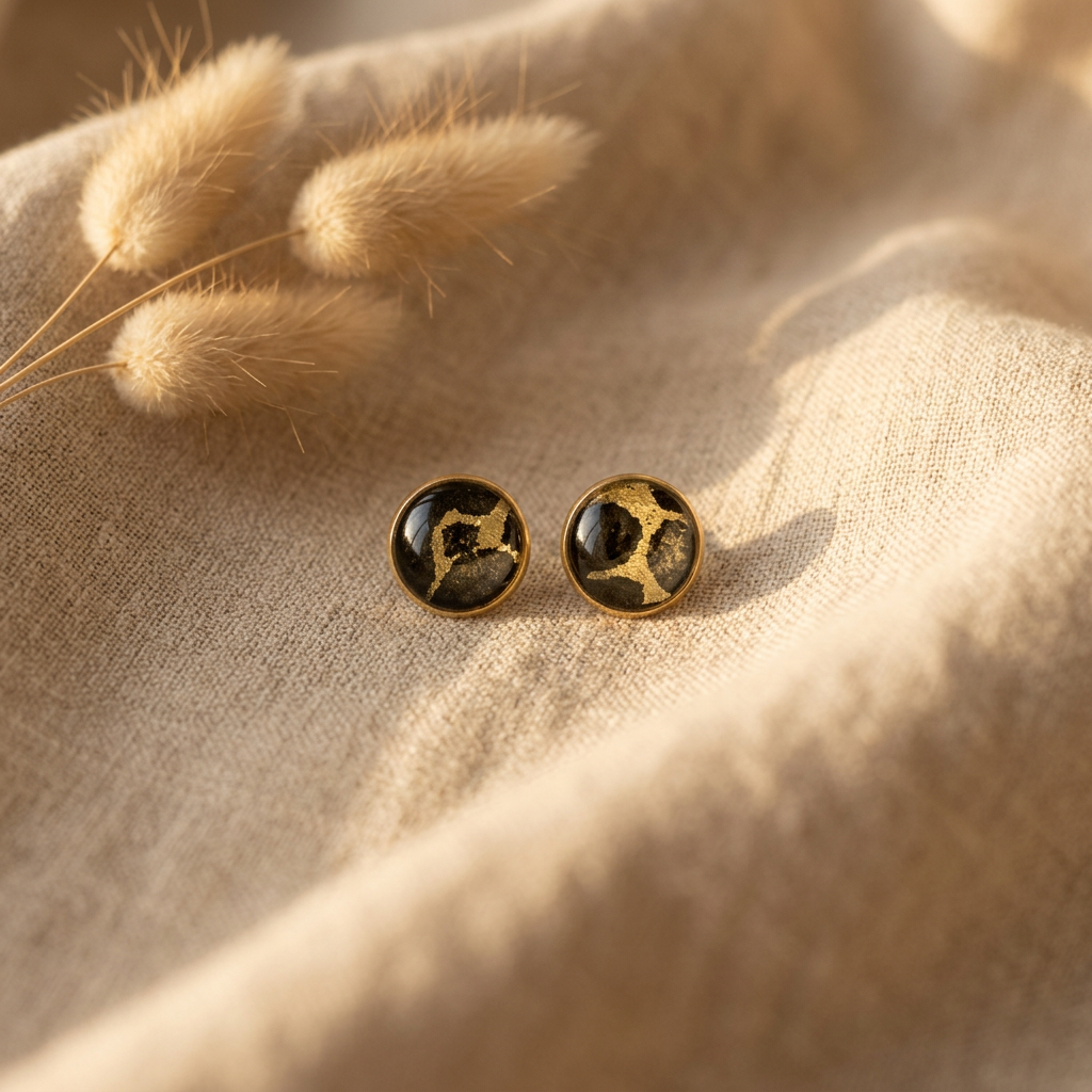 boucles d'oreilles puces fait main Māmūlī lokta doré kaki cabochon verre 14mm