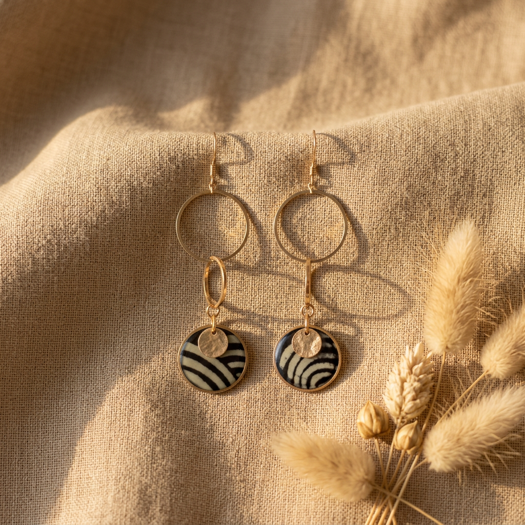 Saṅgha · Papier Népalais Lokta Noir & Gris · Cercles Laiton & Acier · Gold Filled 14K