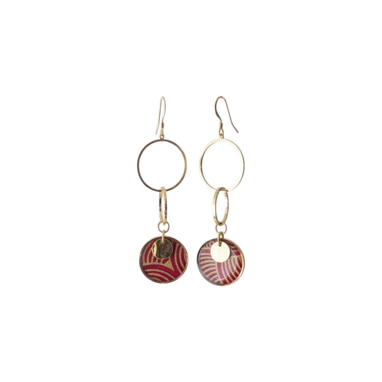 Boucles artisanales Saṅgha cascade trois cercles papier népalais
rose or résiné crochets Gold Filled 14K faites main France

