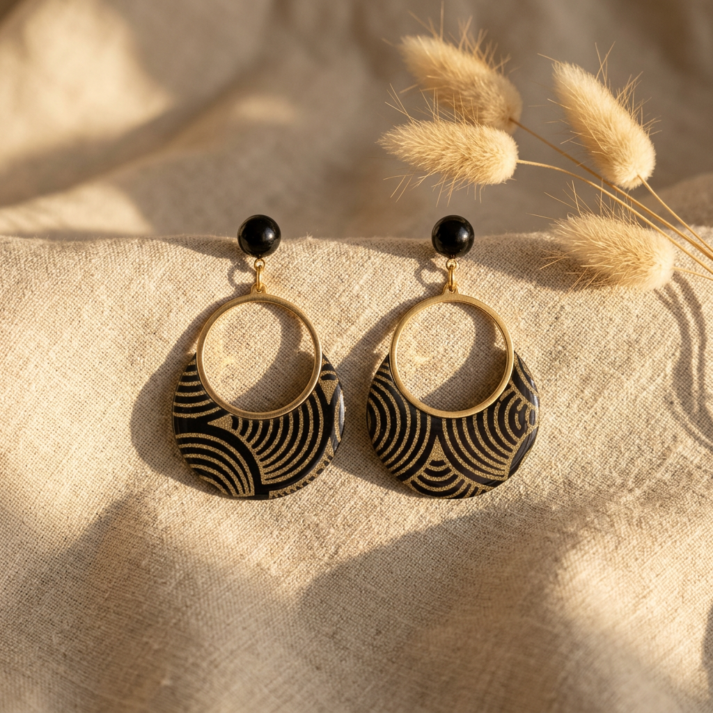 Boucles créoles dorées fait main Sūrya — papier népalais noir de jais et volutes dorées, perles noires brillantes, anneau acier doré 25mm
