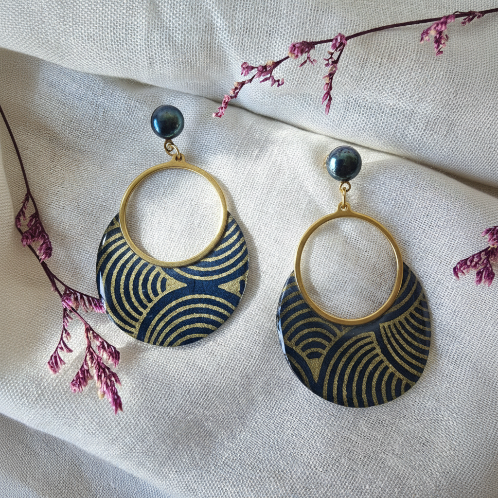 Boucles d'oreilles Sūrya en papier népalais résiné bleu canard & Or