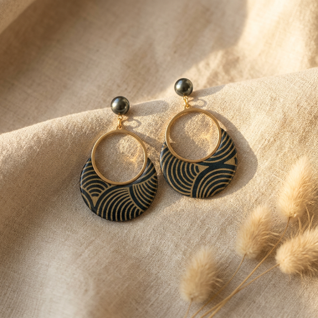 Boucles créoles dorées fait main Sūrya — papier népalais bleu profond & motifs dorés, perles anthracite, anneau acier doré 25mm