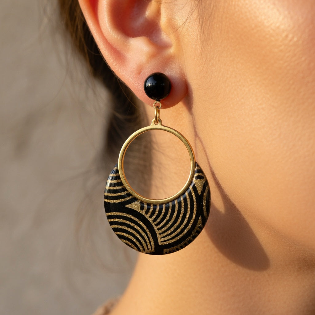 Boucles d'oreilles Sūrya Noir et Or - Papier Népalais Résiné & Acier Inoxydable