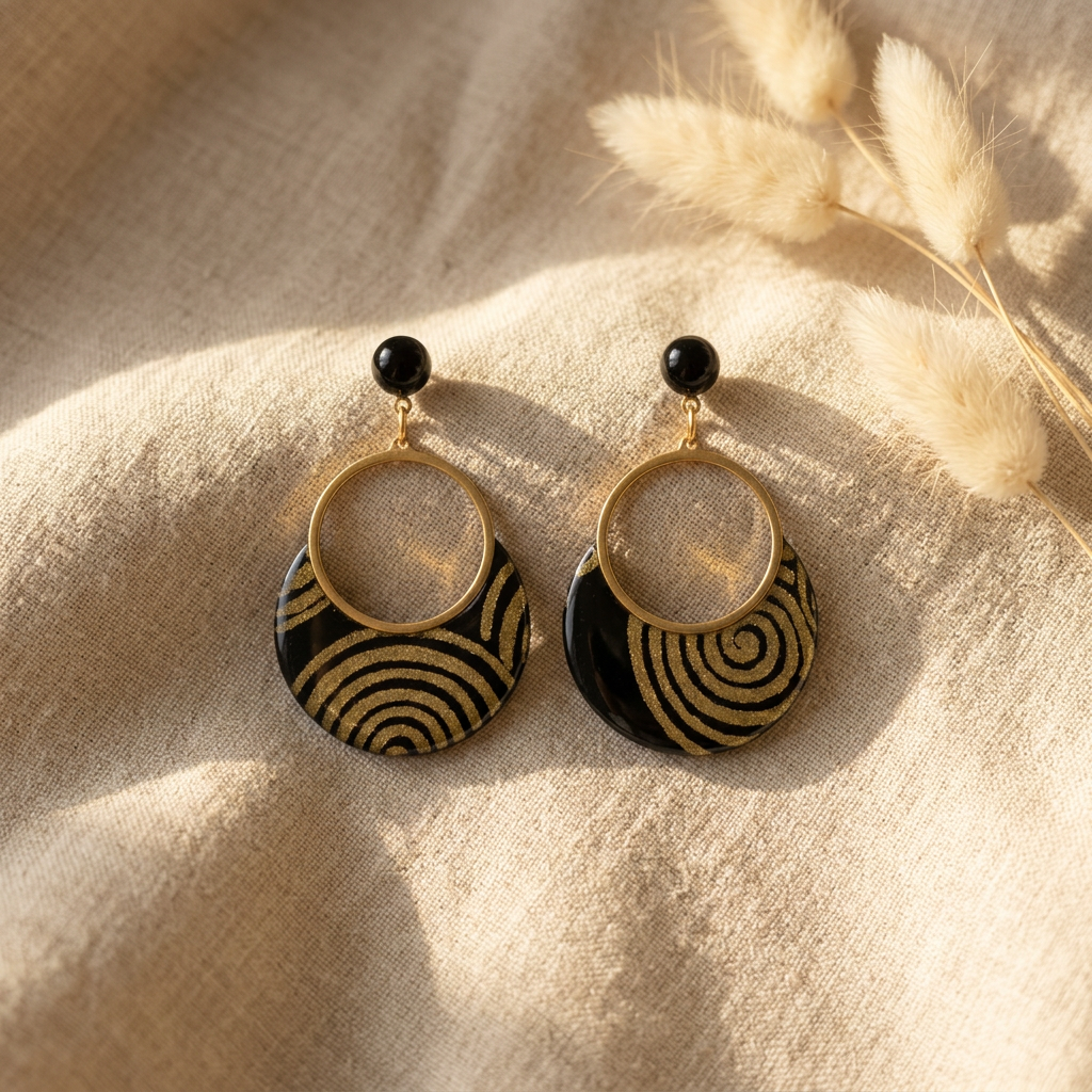 Boucles d'oreilles pendantes papier lokta noir & spirales dorées · collection Sūrya