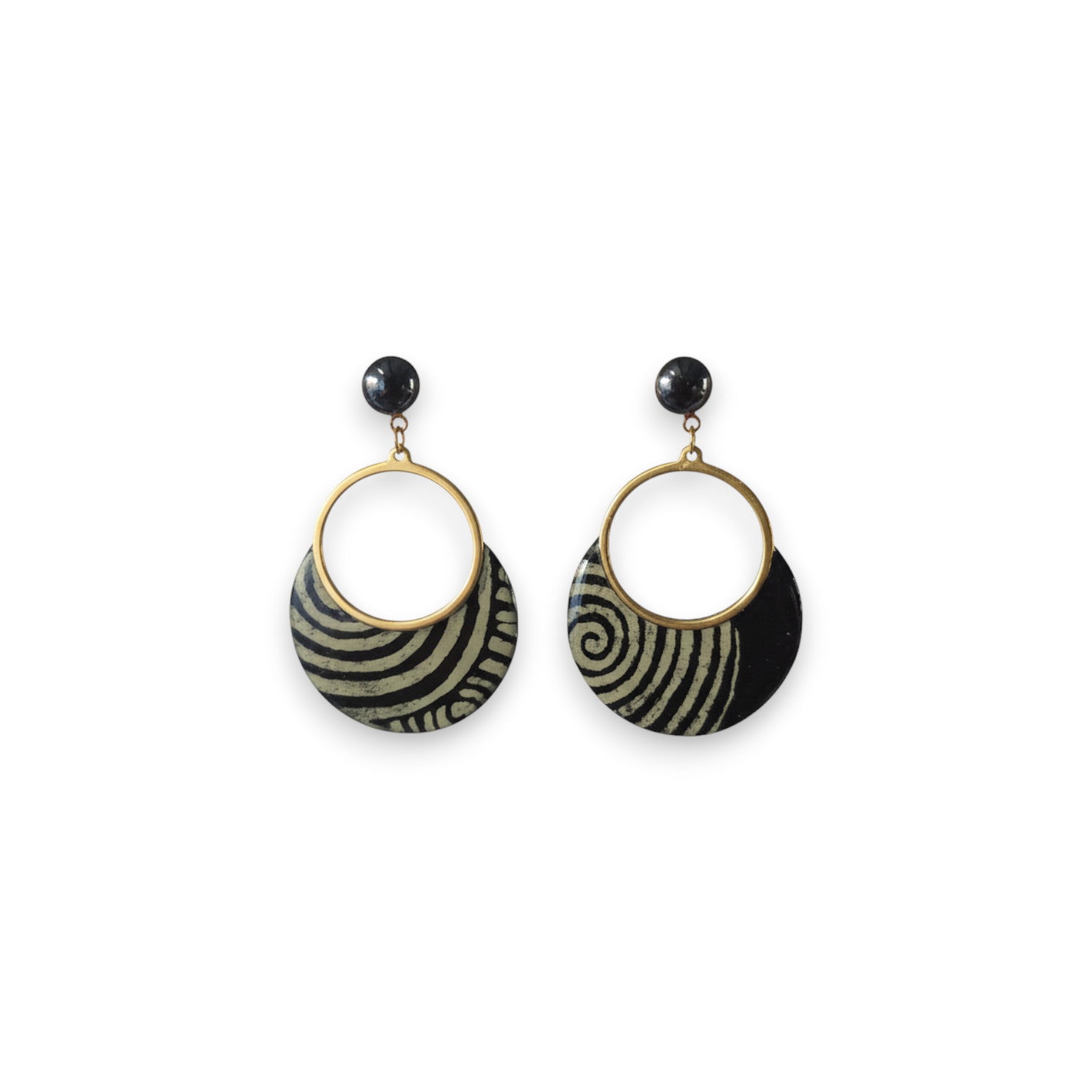 Boucles artisanales Sūrya papier népalais noir gris résiné anneau
acier doré 25mm cabochon verre faites main France

