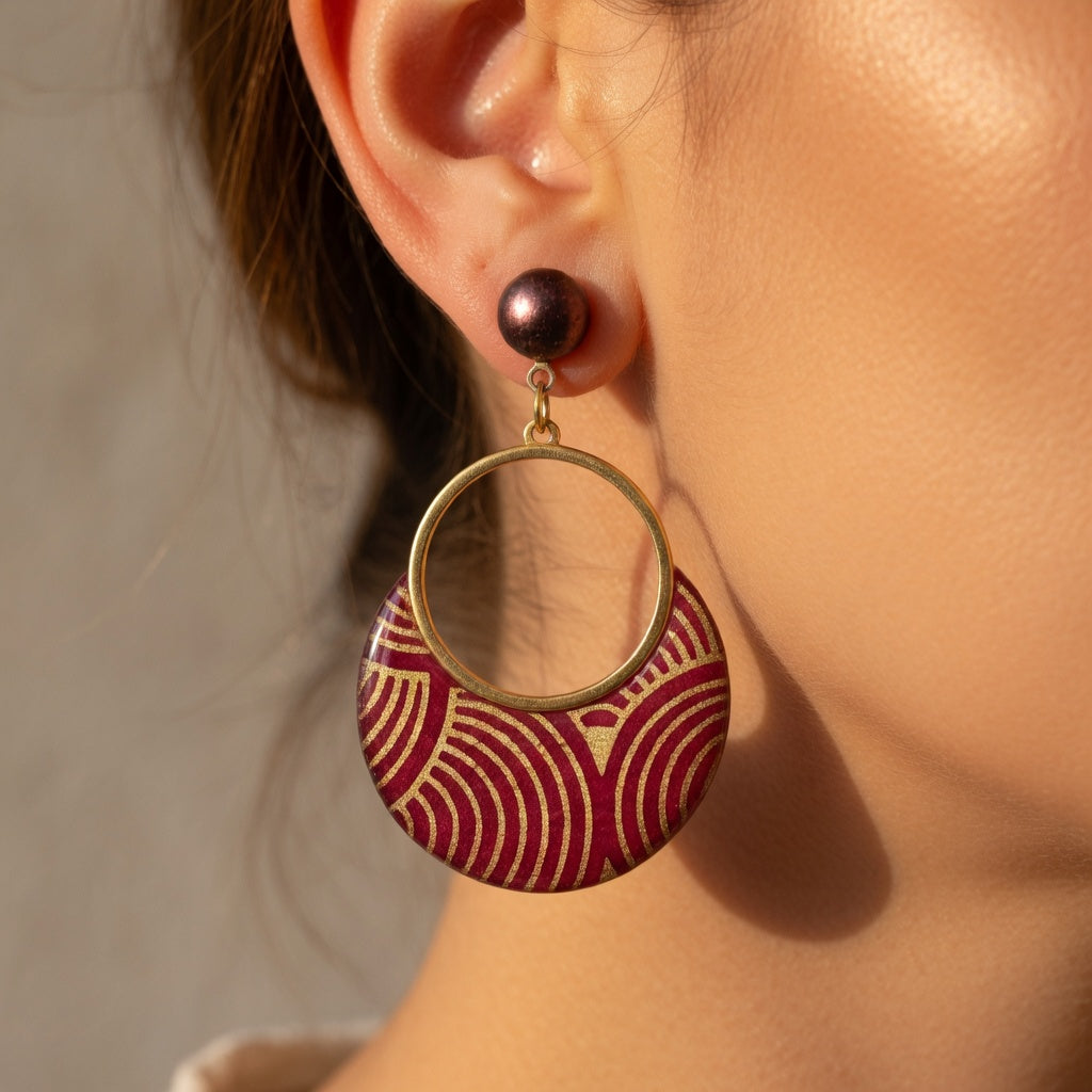 Boucles d'Oreilles Sūrya en papier népalais résiné Rose et Or