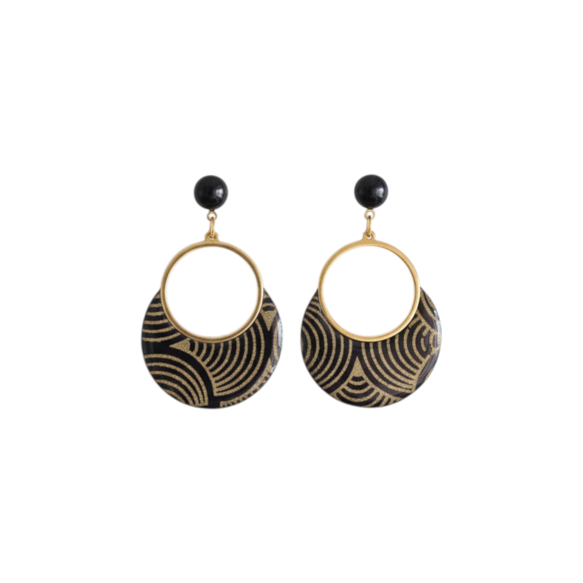 Boucles d'oreilles Sūrya Noir et Or - Papier Népalais Résiné & Acier Inoxydable