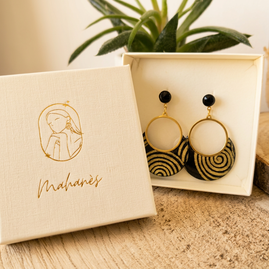 Boucles d'oreilles créoles  papier lokta noir & spirales dorées · collection Sūrya