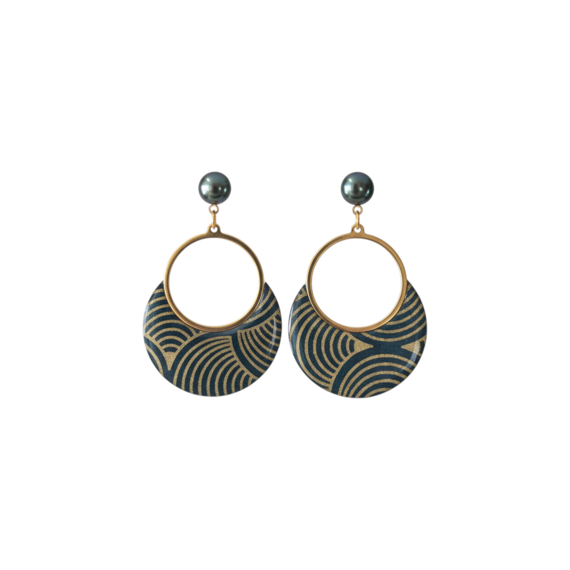 Boucles d'oreilles Sūrya en papier népalais résiné bleu canard & Or