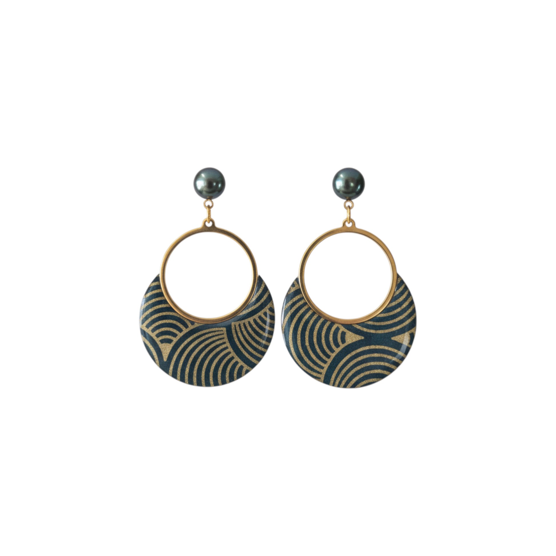 Boucles d'oreilles Sūrya en papier népalais résiné bleu canard & Or