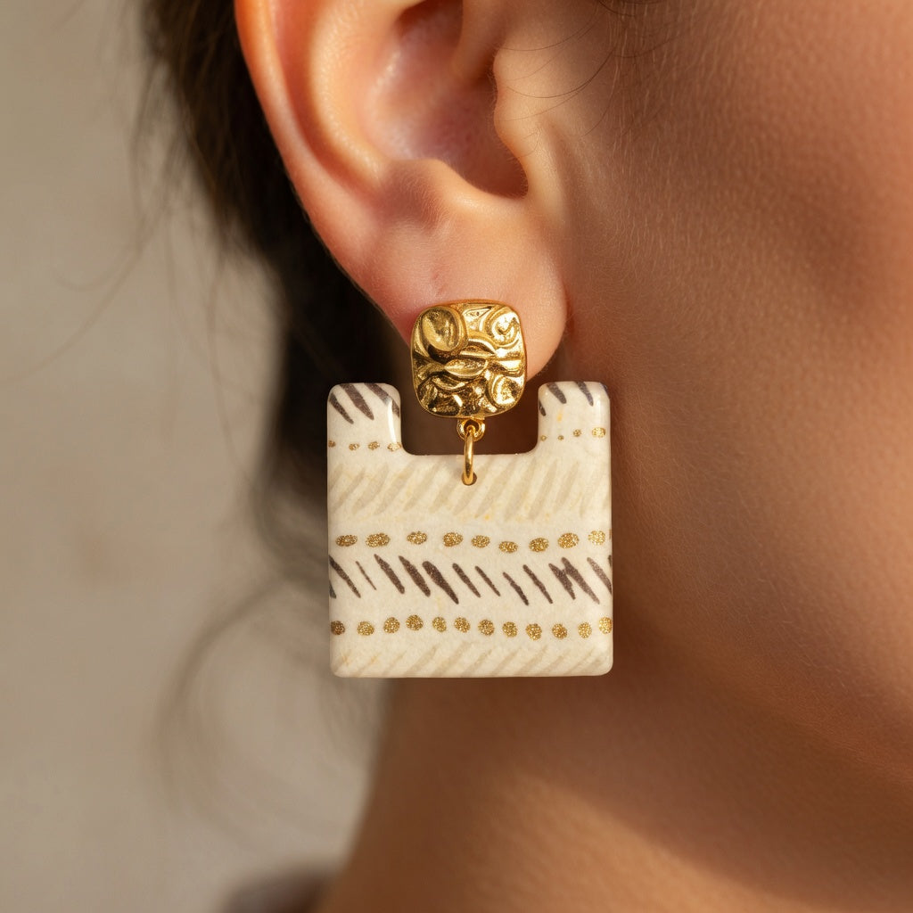 Ṭā'ila Hoops | Ecru & Gold Indian Paper | Hammered Gold Square Studs