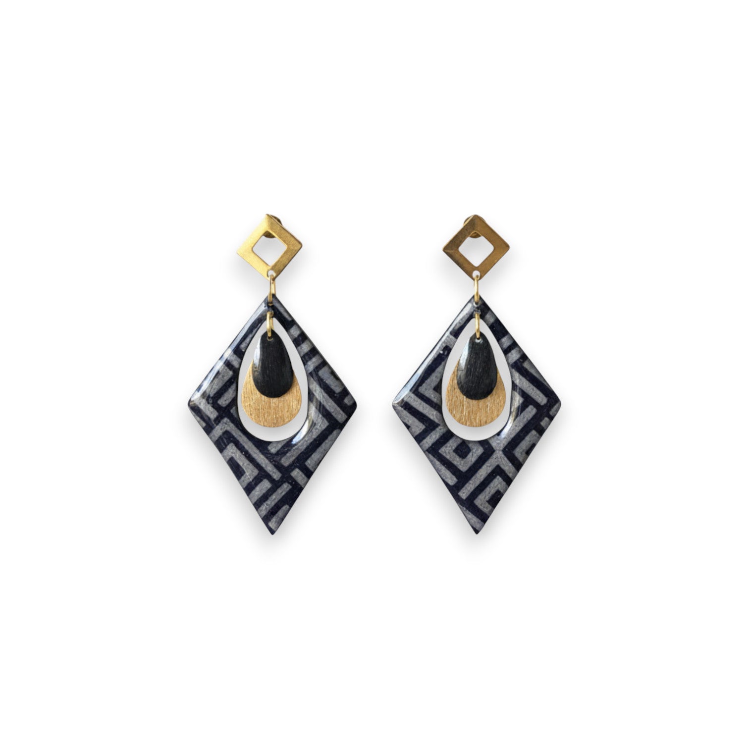 Boucles d'oreilles Trikōṇa – Papier Népalais résiné Géométrique Bleu & Gris