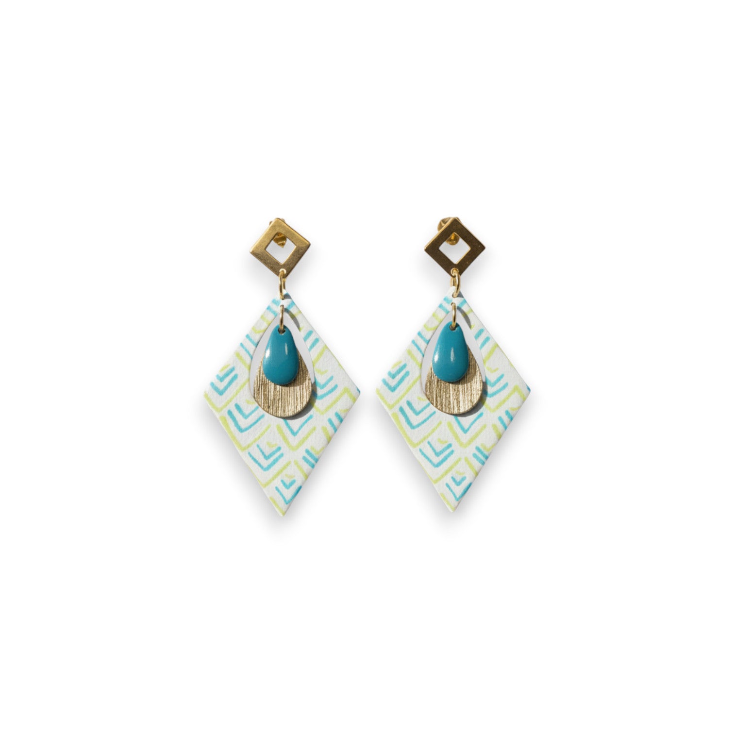 Boucles d'oreilles Trikōṇa – Papier Indien résiné Bleu, Vert