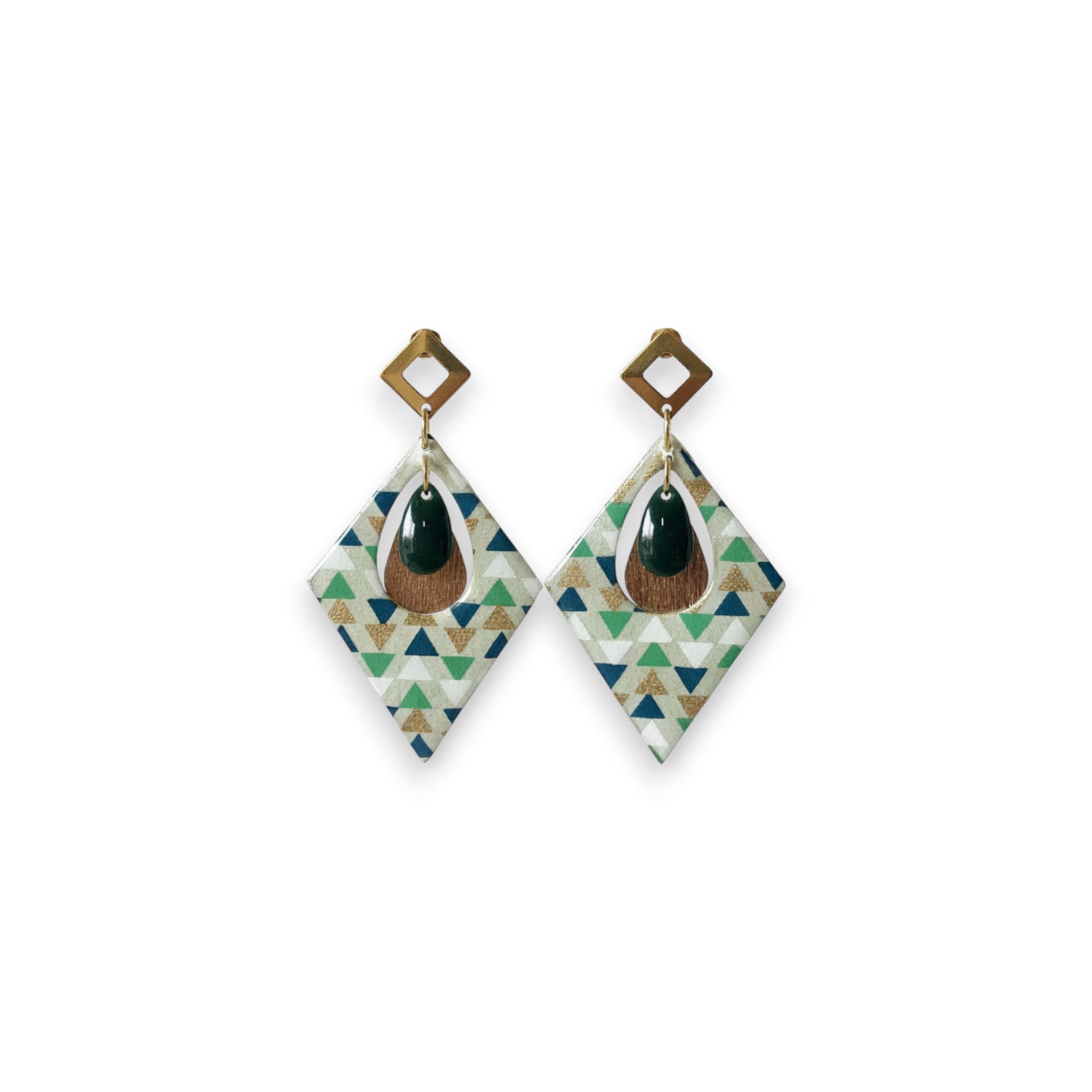 Boucles d'oreilles Trikōṇa – Papier Indien résiné Triangles Bleu, Vert et Doré