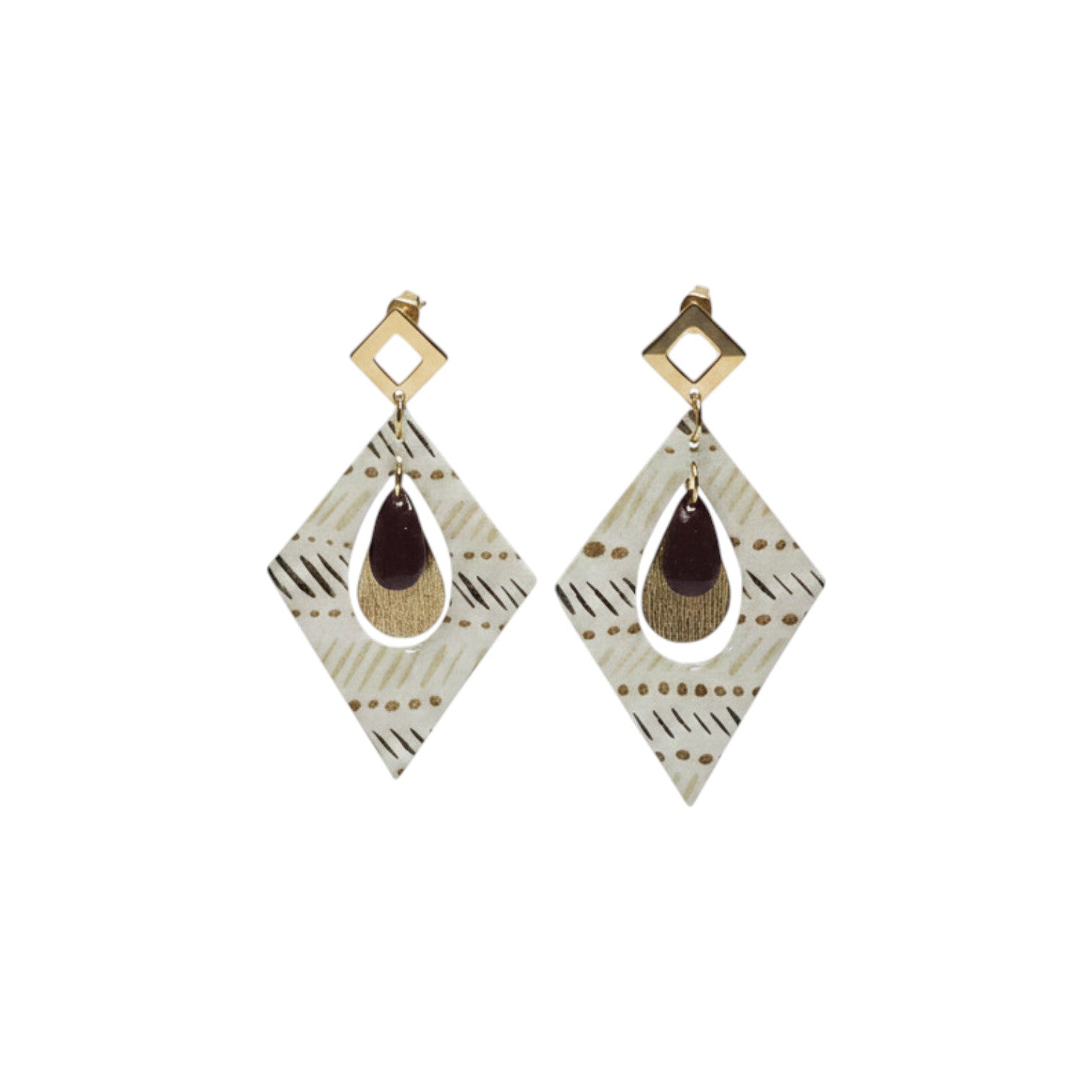 Boucles d'oreilles losange Trikōṇa · papier indien beige & or · sequin marron 