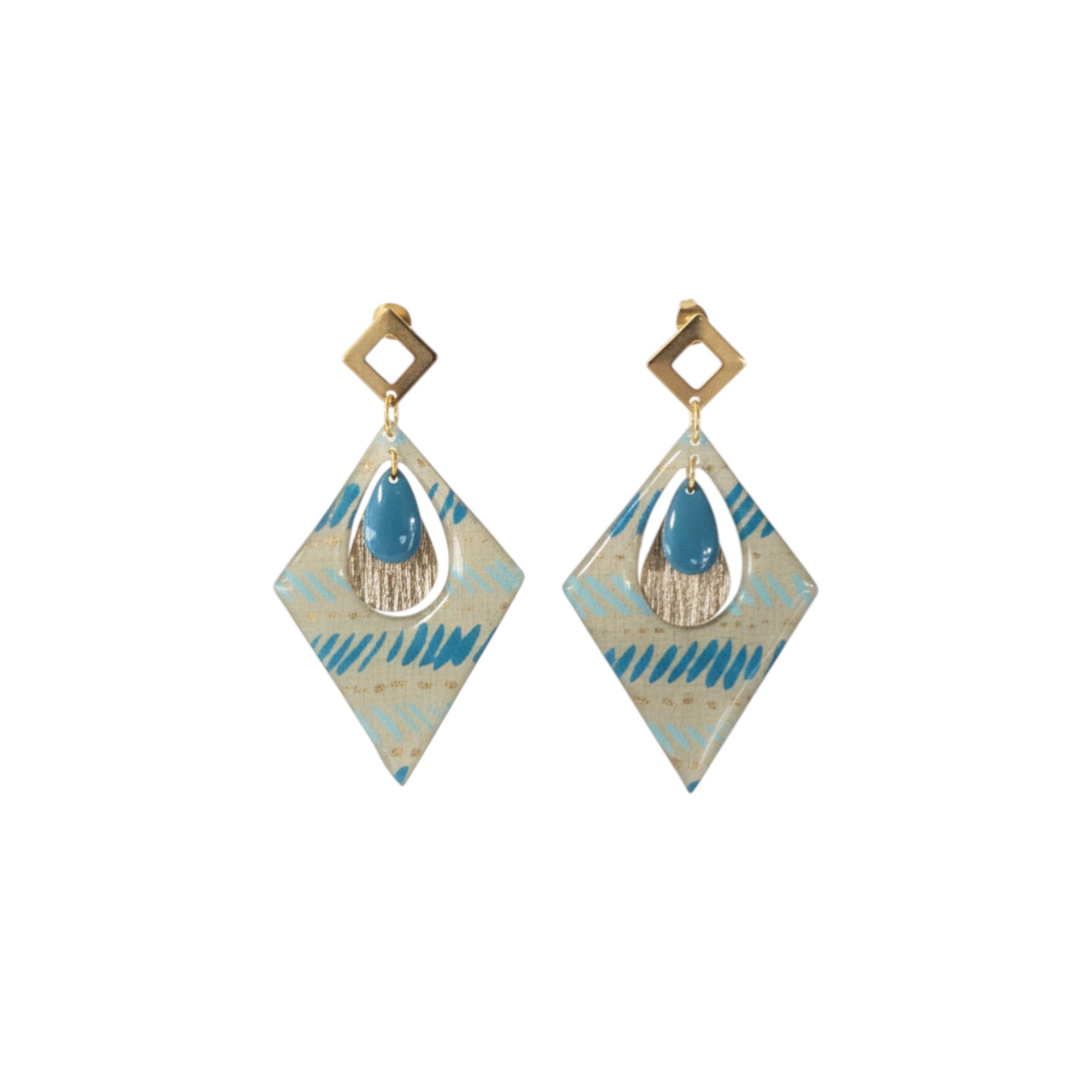 Boucles d’oreilles Trikōṇa  papier indien résiné Bleu & Beige