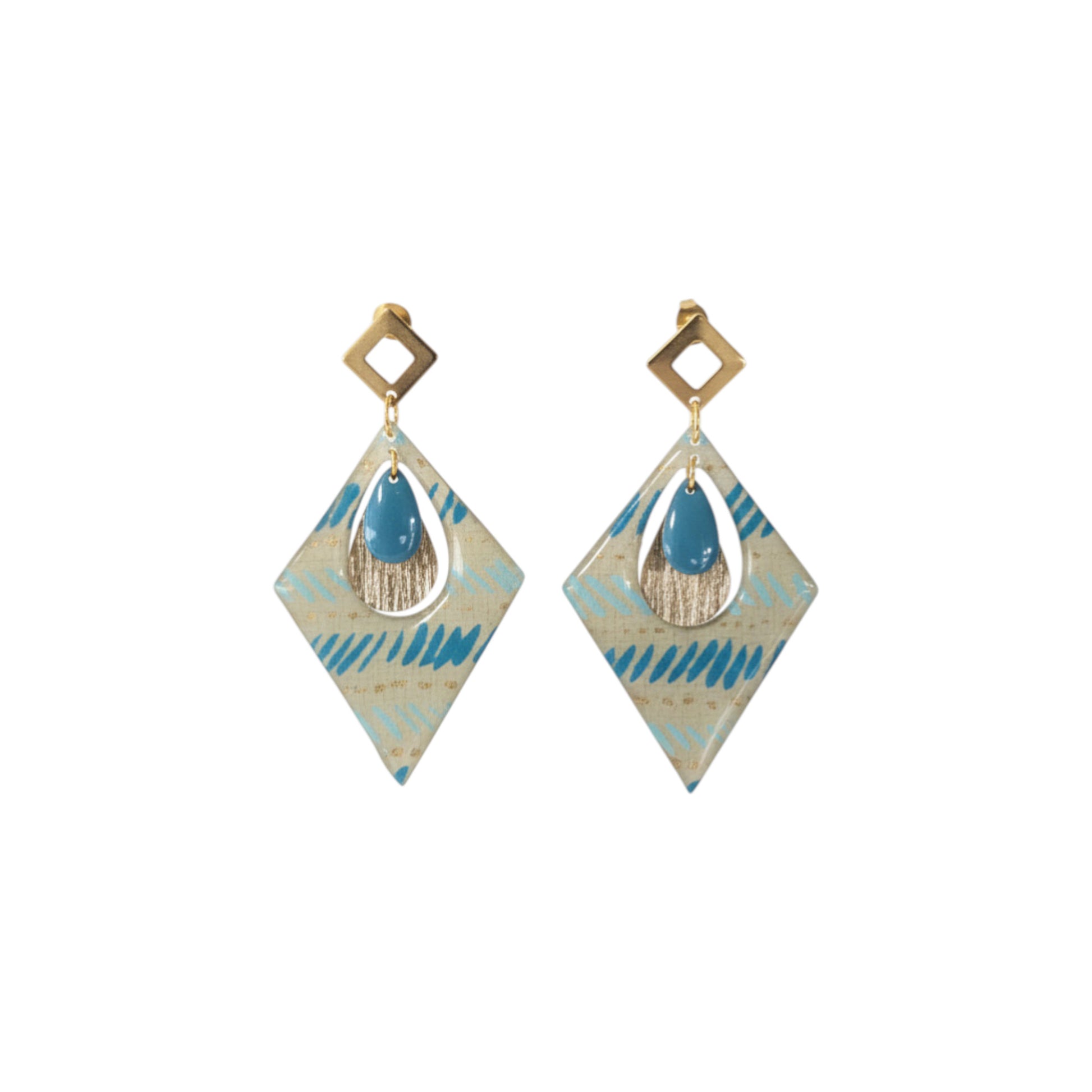 Boucles d’oreilles Trikōṇa  papier indien résiné Bleu & Beige