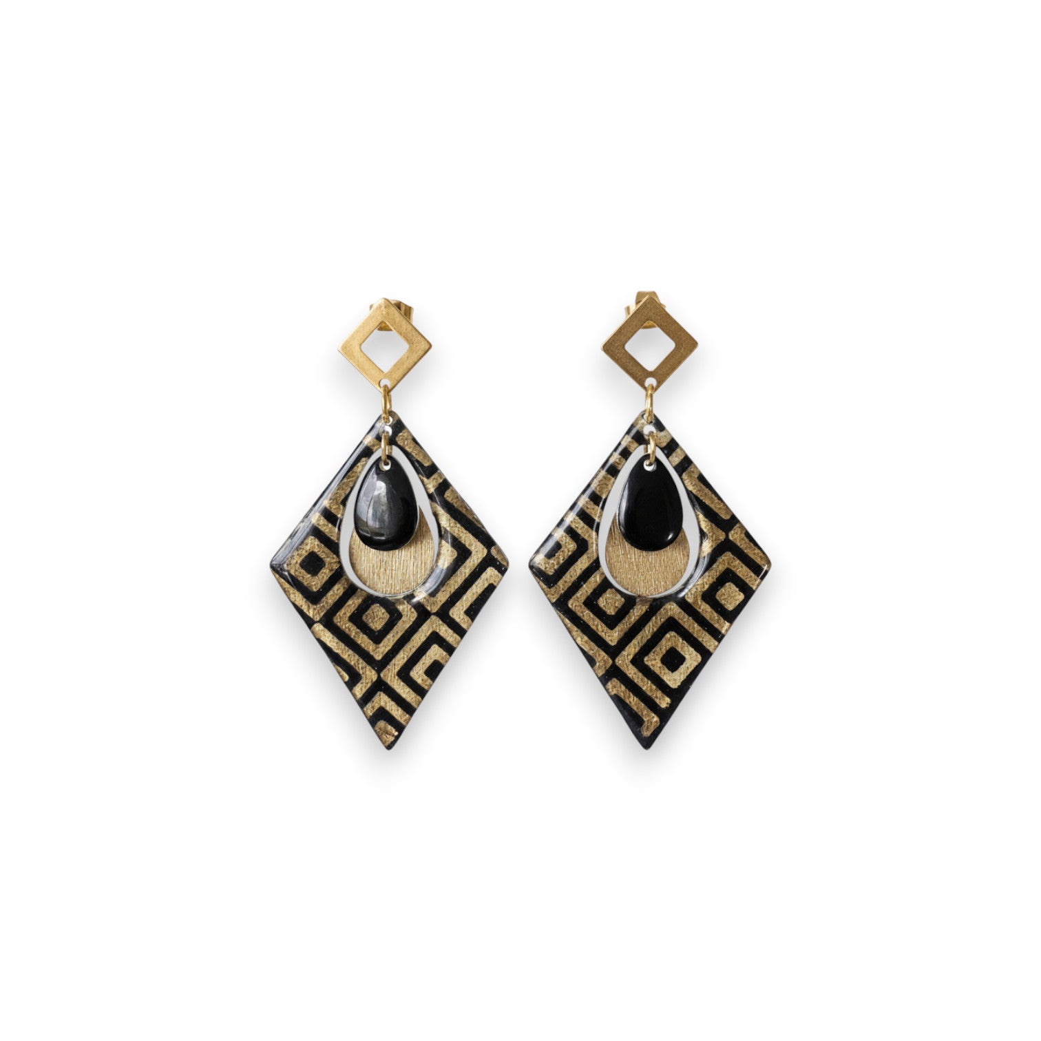 Boucles artisanales Trikōṇa papier indien géométrique noir doré
sequin losange puces acier faites main
