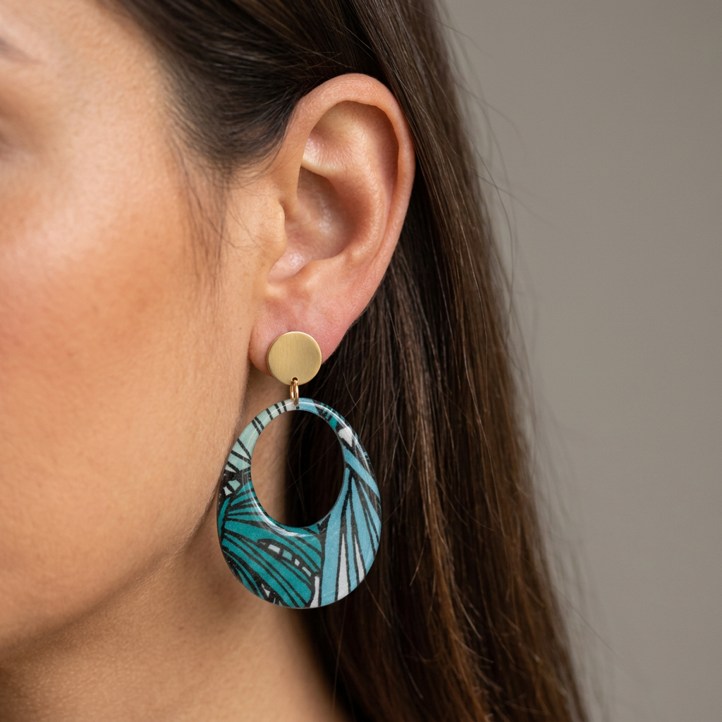 Boucles d'oreilles créoles Kriyōla Tropical · papier indien vert forêt et bleu clair · fait main France