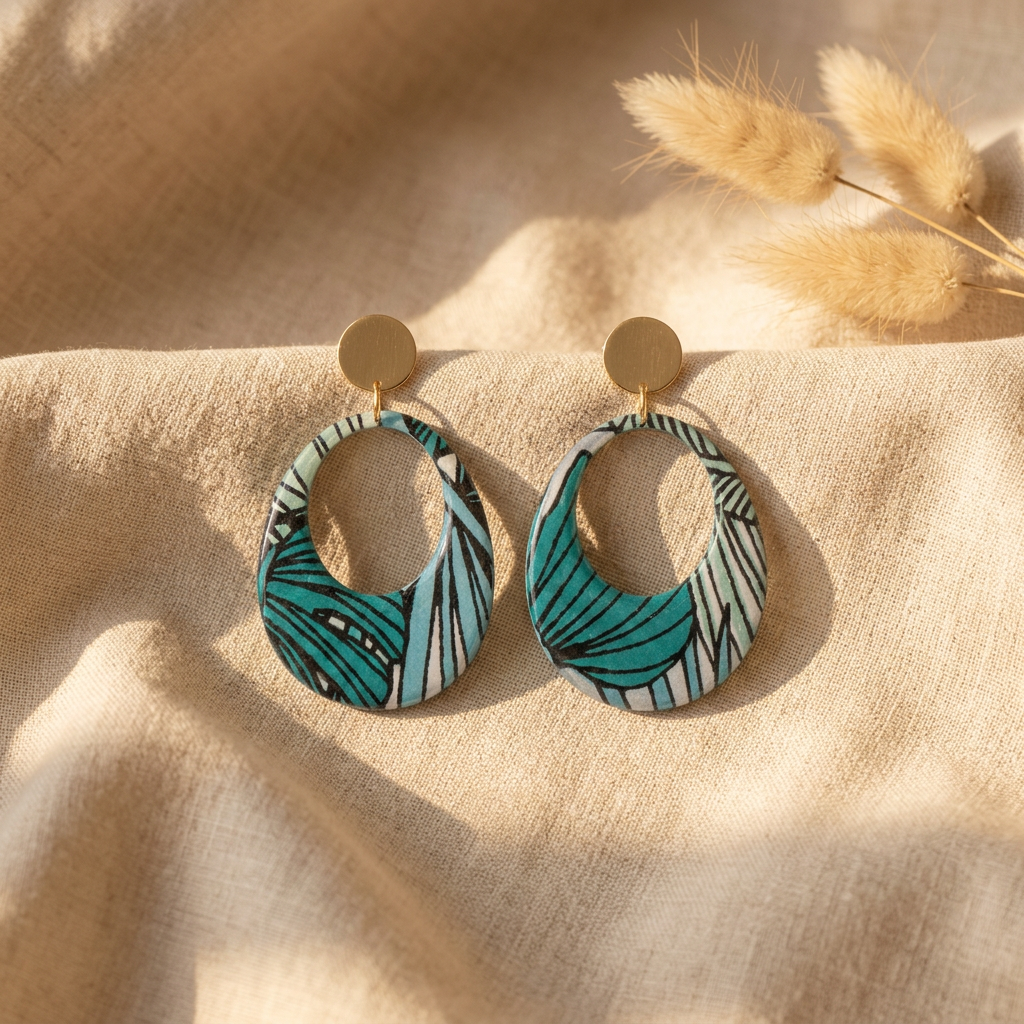 Boucles d'oreilles créoles Kriyōla Tropical · papier indien vert forêt et bleu clair · fait main France