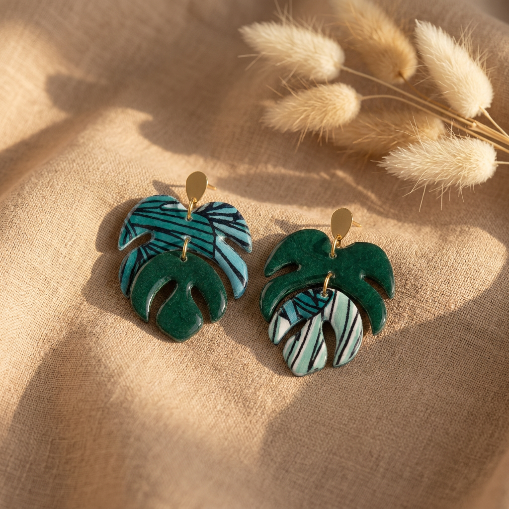 Boucles d'oreilles botaniques fait main Monstera — papier indien motifs tropicaux verts et bleus, deux pièces articulées, clous dorés, 4,5cm