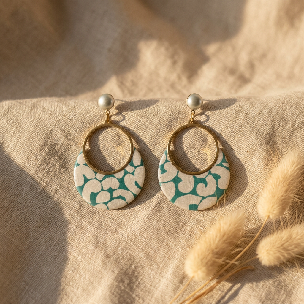 Boucles d'oreilles Sūrya · Papier Népalais Vert Céladon & Perles Nacrées