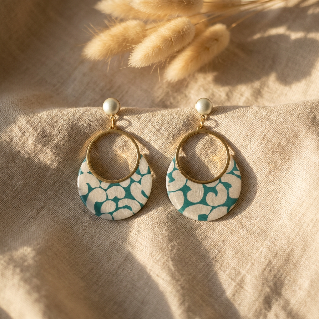 Boucles d'oreilles Sūrya · Papier Népalais Vert Céladon & Perles Nacrées