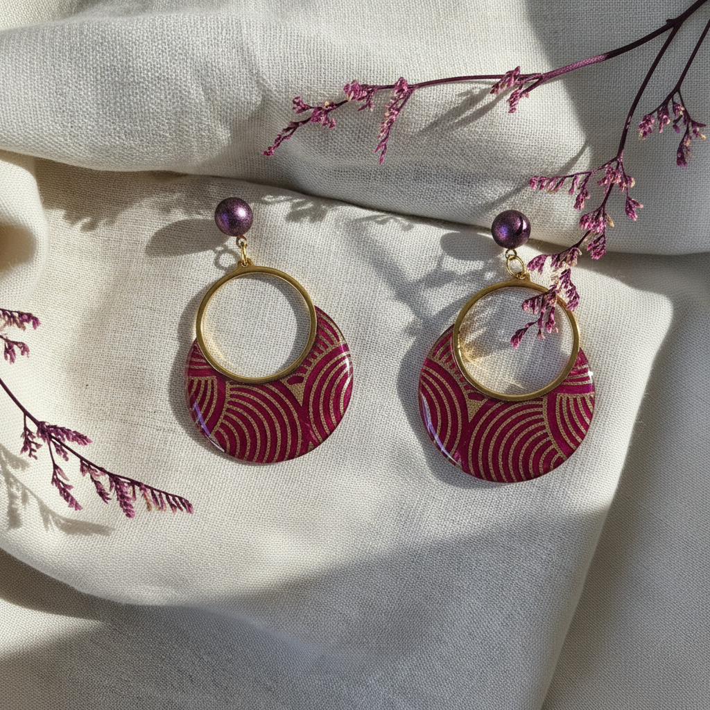 Boucles d'Oreilles Sūrya en papier népalais résiné Rose et Or