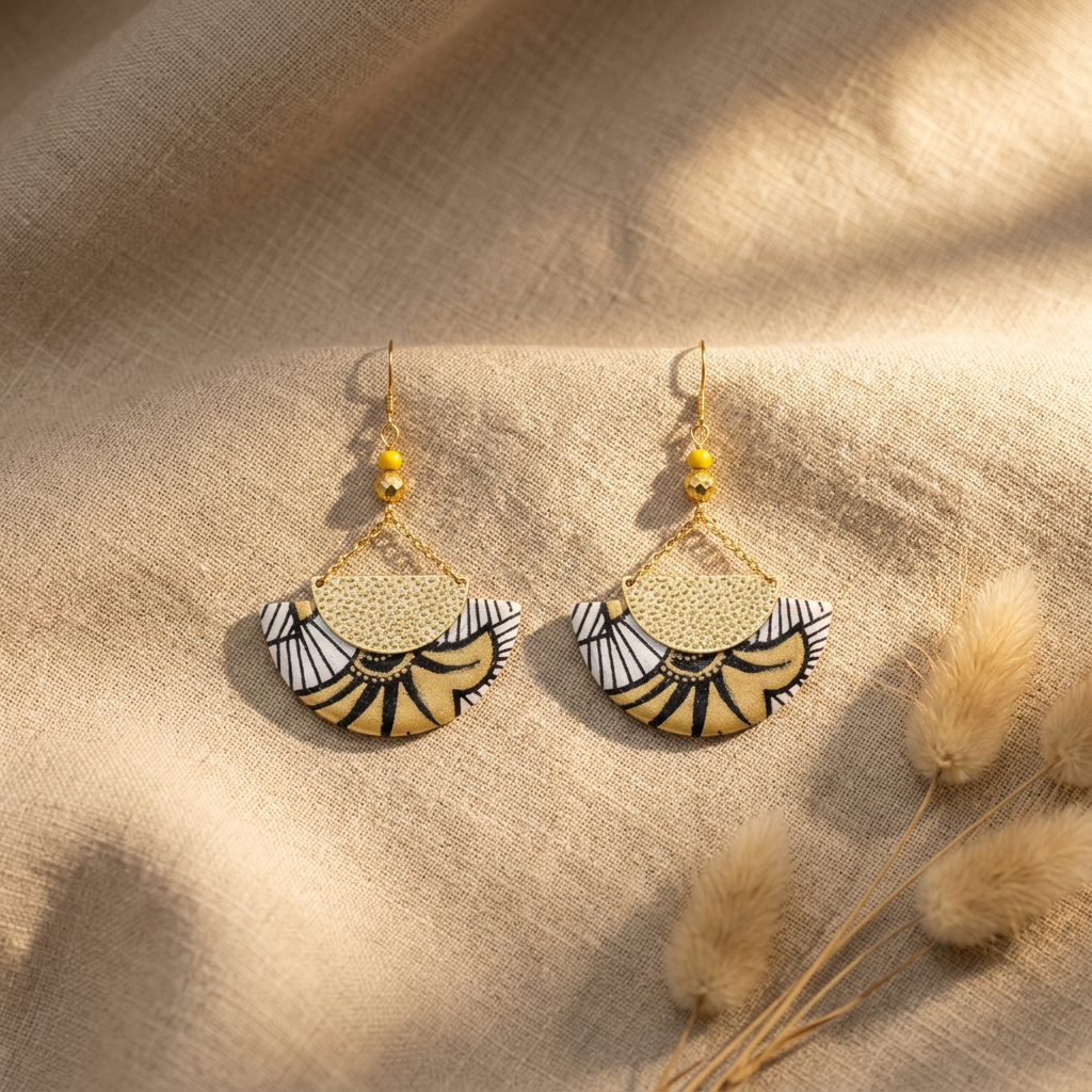 boucles d'oreilles demi-lune fait main gingko jaune solaire noir blanc papier indien Ādhā Gōla