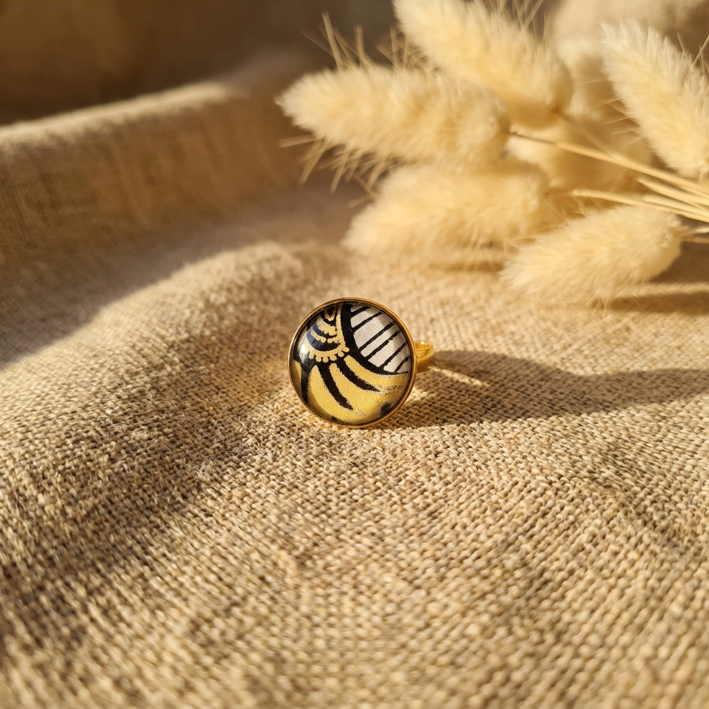 Cabochon Ring | Indian Paper Yellow & Gold Wax Patterns | Gold-Plated Brass