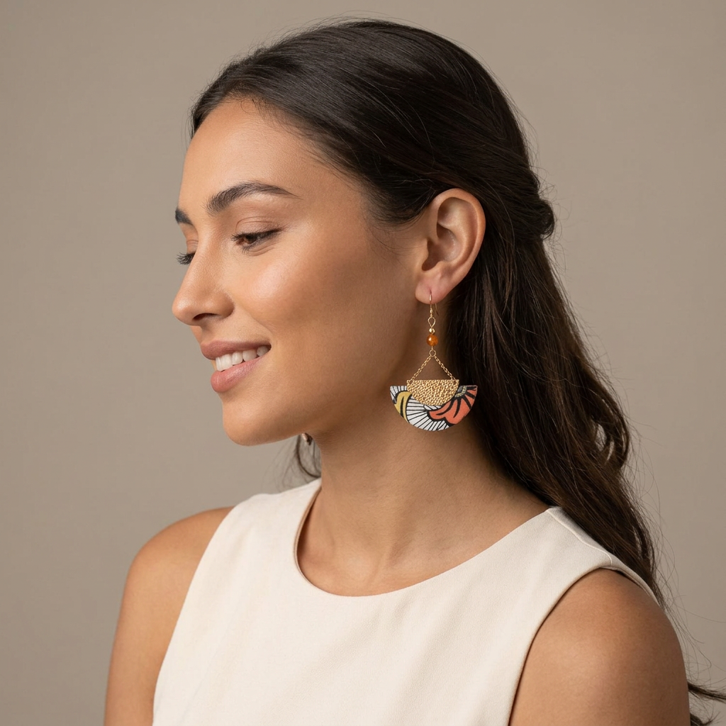 boucles d'oreilles demi-lune fait main gingko orangé corail papier indien Ādhā Gōla 