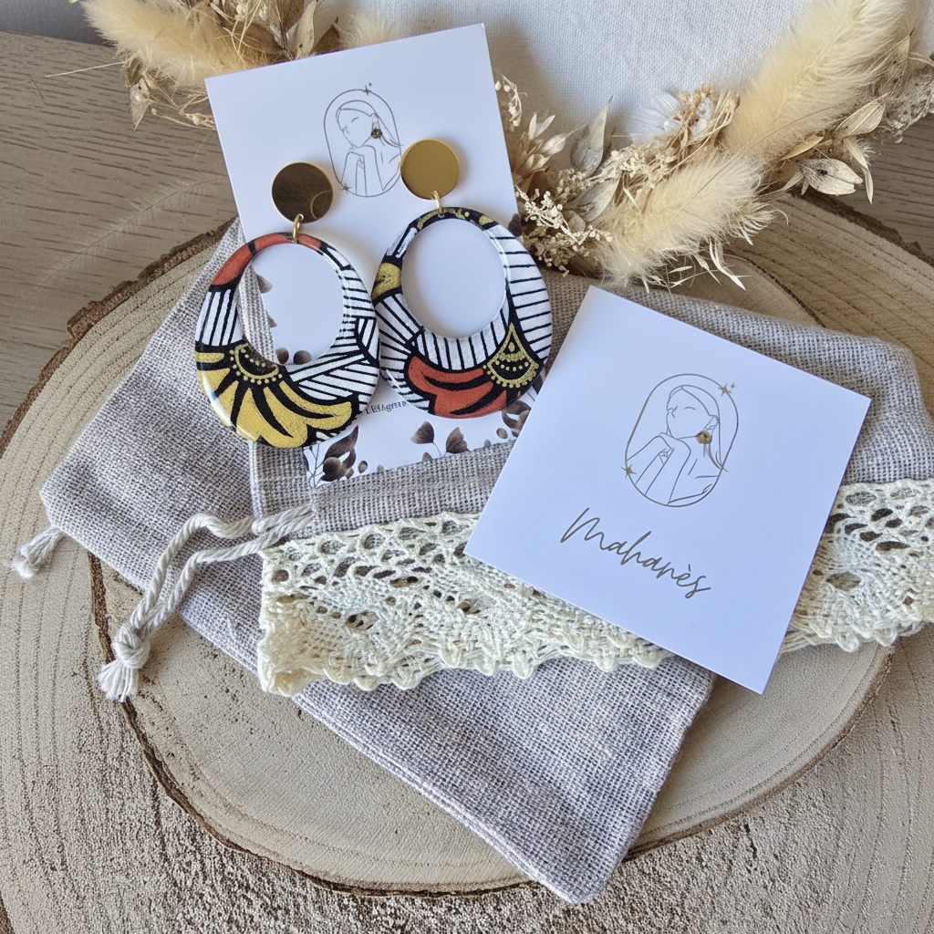 Boucles d'oreilles Kriyōla – Papier indien résiné Wax fleur gingko jaune et orange